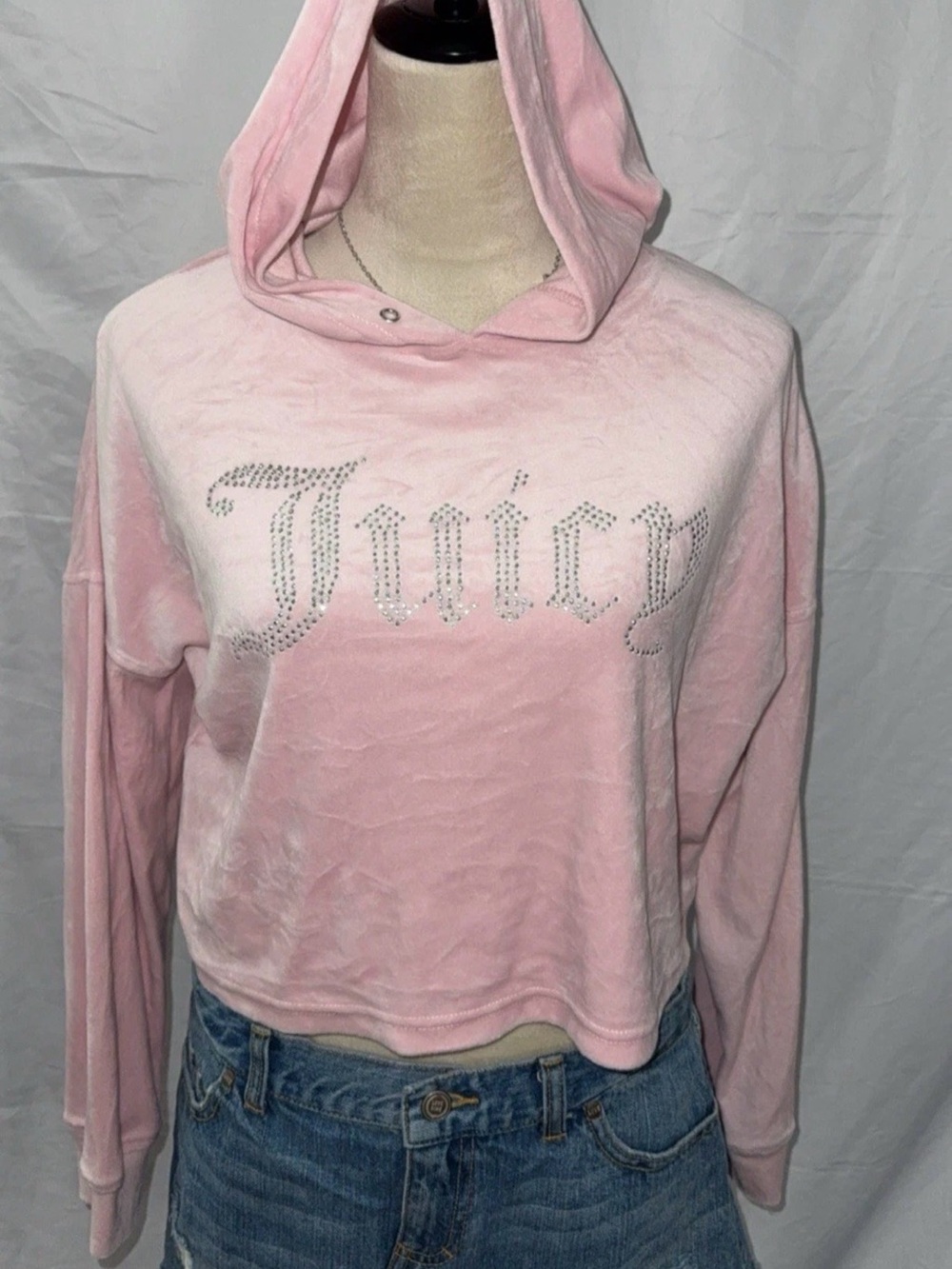 Juicy Couture Light Pink Velour Cropped Hoodie with Rhinestone Logo